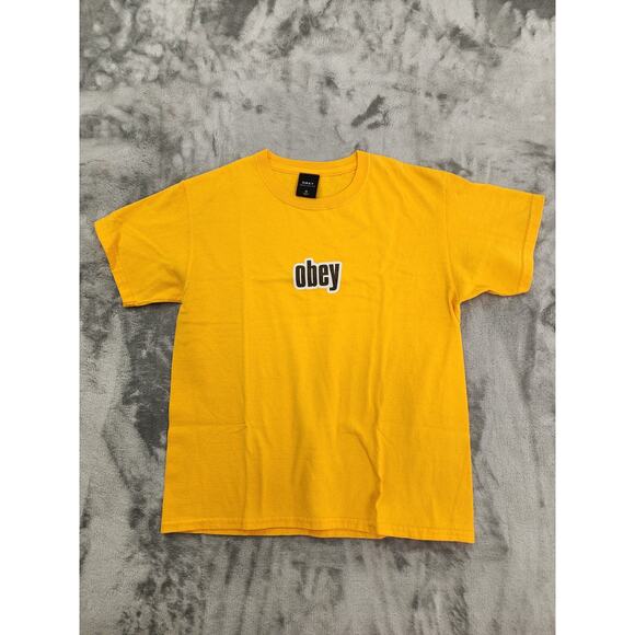 Vintage 90s OBEY Boxy Crop Logo Graphic Tee Size M Mustard Yellow Cotton Summer - Picture 1 of 8